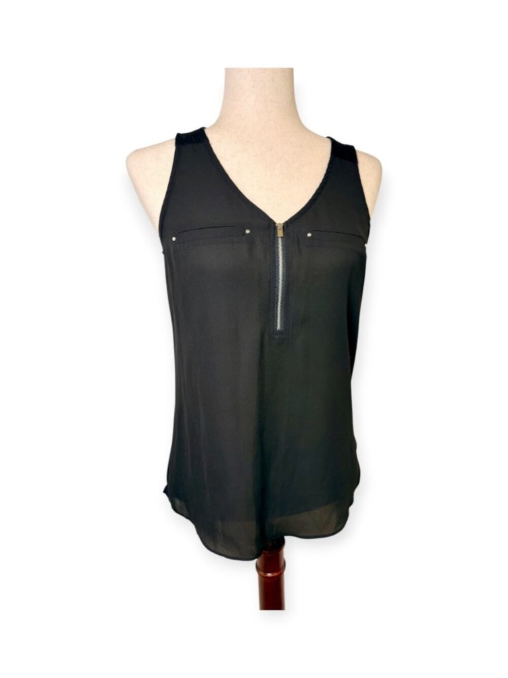 Fortune + Ivy Black Zip Front Mixed Media Sleeveless Tunic Top Size Small
